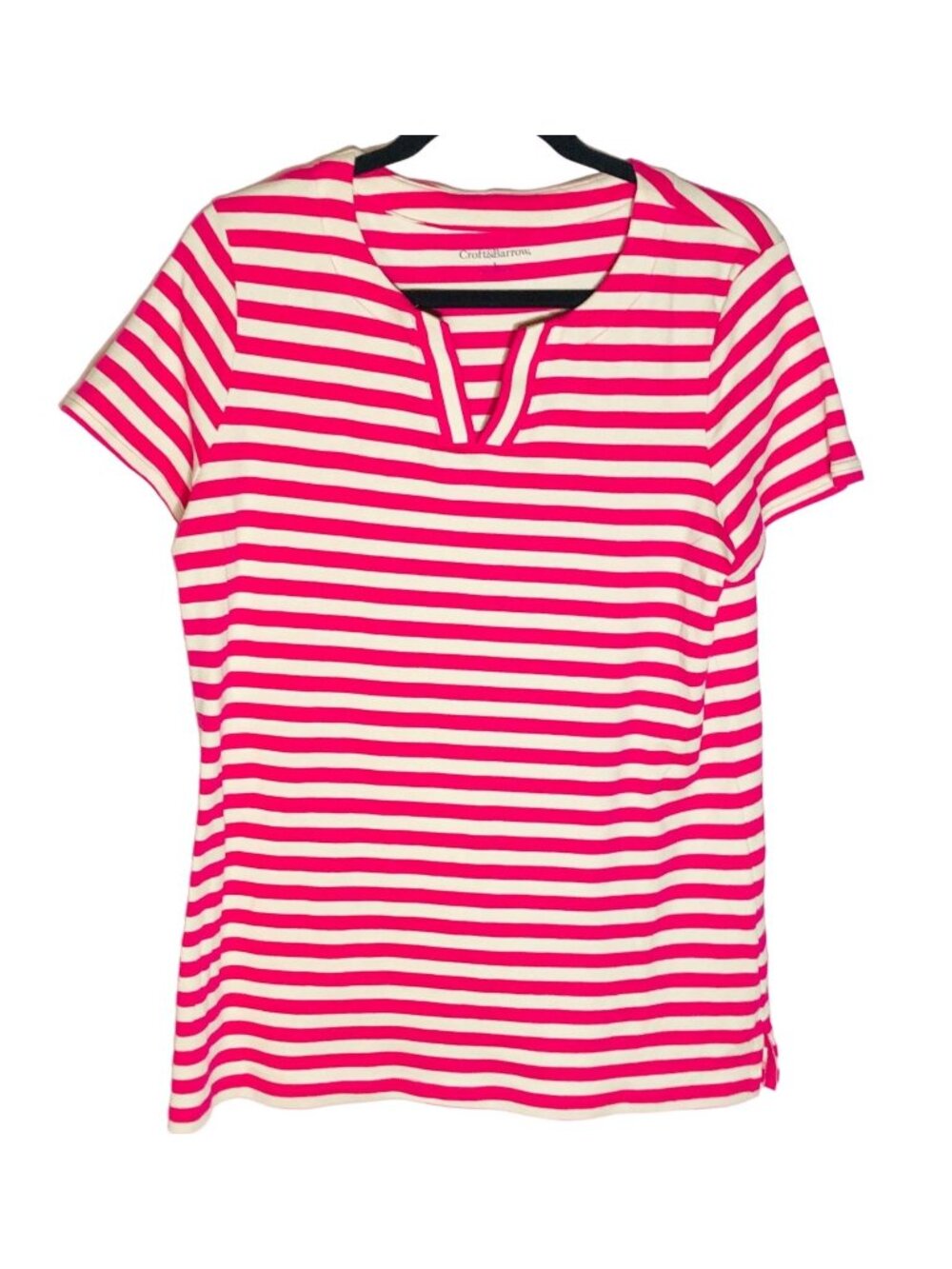 Croft & Barrow shirt stripped large pink white short sleeve cotton READ